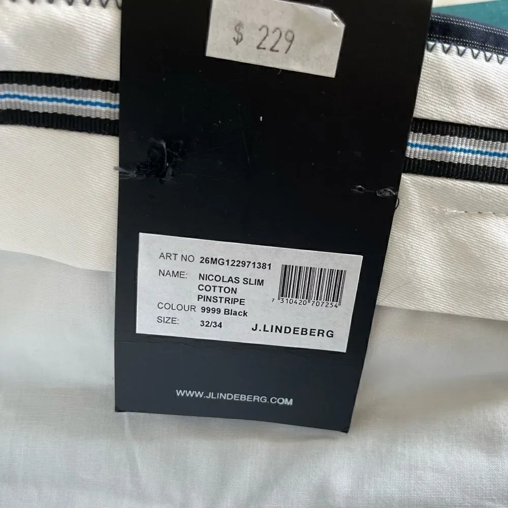 NWT J. Lindeberg Slim Fit F/F Black/White Pinstripe Casual Dress Pants Size 32